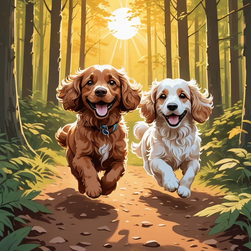 two dogs running in the woods towards the sun with their paws up in the air and their heads down, furry art, a storybook illustration, Dan Mumford, highly detailed digital painting