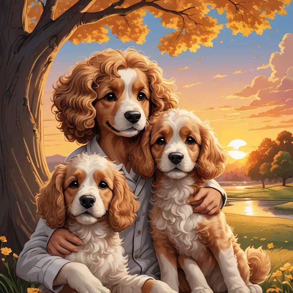 a painting of a man holding two dogs in front of a tree with a sunset in the background and a lake in the foreground, furry art, a comic book panel, Brothers Hildebrandt, highly detailed digital painting