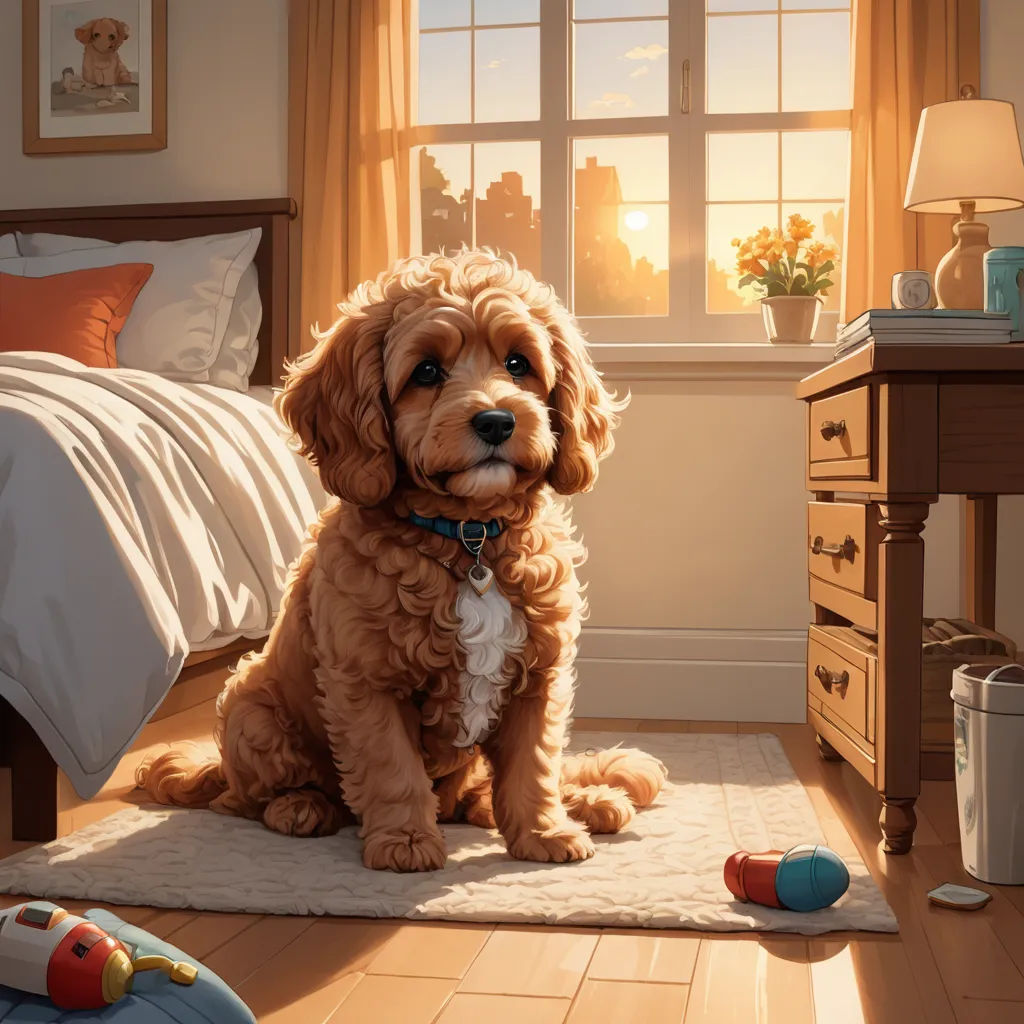 a dog sitting on a rug in a bedroom next to a window with a view of the city outside, photorealism, a photorealistic painting, Chris LaBrooy, highly detailed digital painting