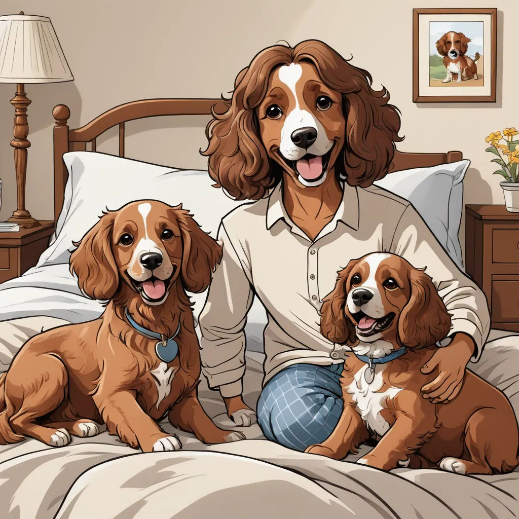 a woman sitting on a bed with two dogs in front of her and a dog sitting on the bed, furry art, a comic book panel, Charles Schulz, trending on furaffinity