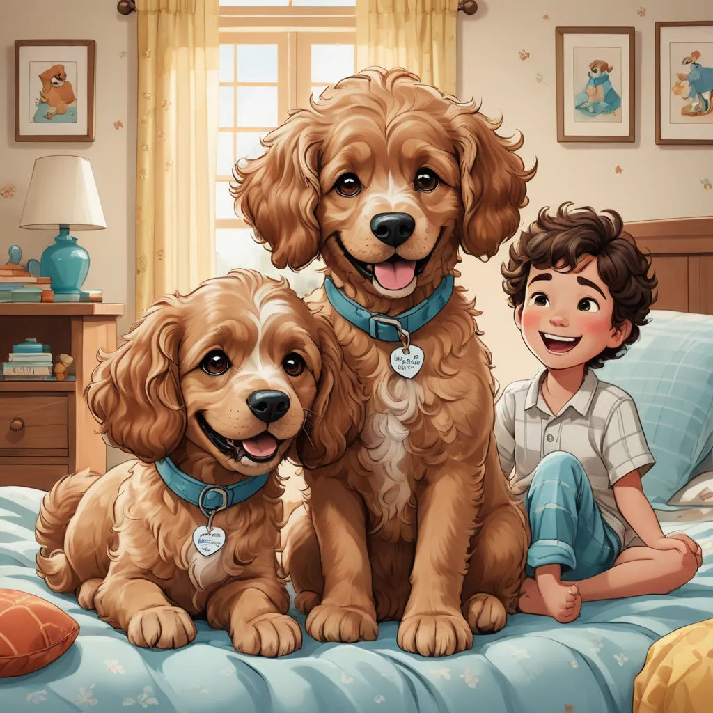 a boy and two dogs sitting on a bed in a bedroom with a window and a lamp on the wall, furry art, a storybook illustration, Diego Gisbert Llorens, storybook illustration