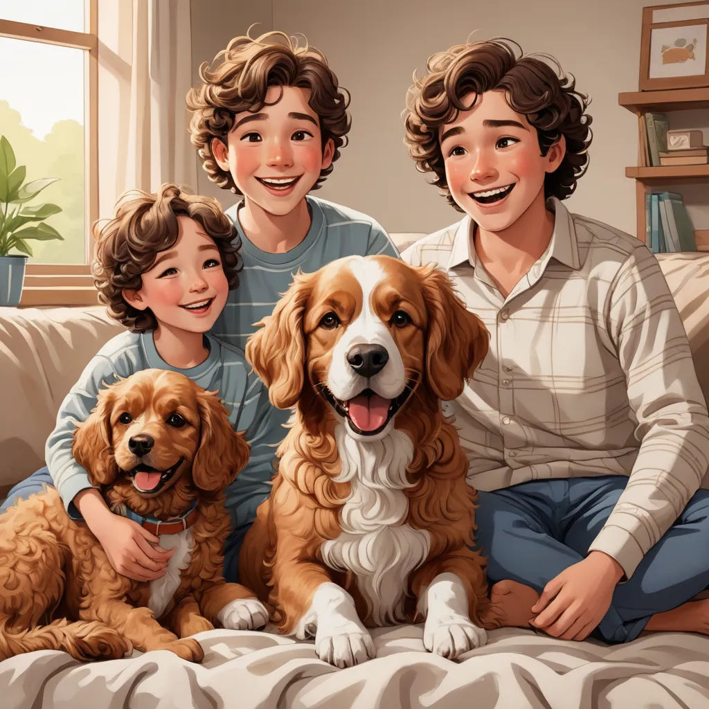 a family portrait of three children and two dogs on a couch with a dog sitting next to them and smiling, furry art, a storybook illustration, Diego Gisbert Llorens, official art