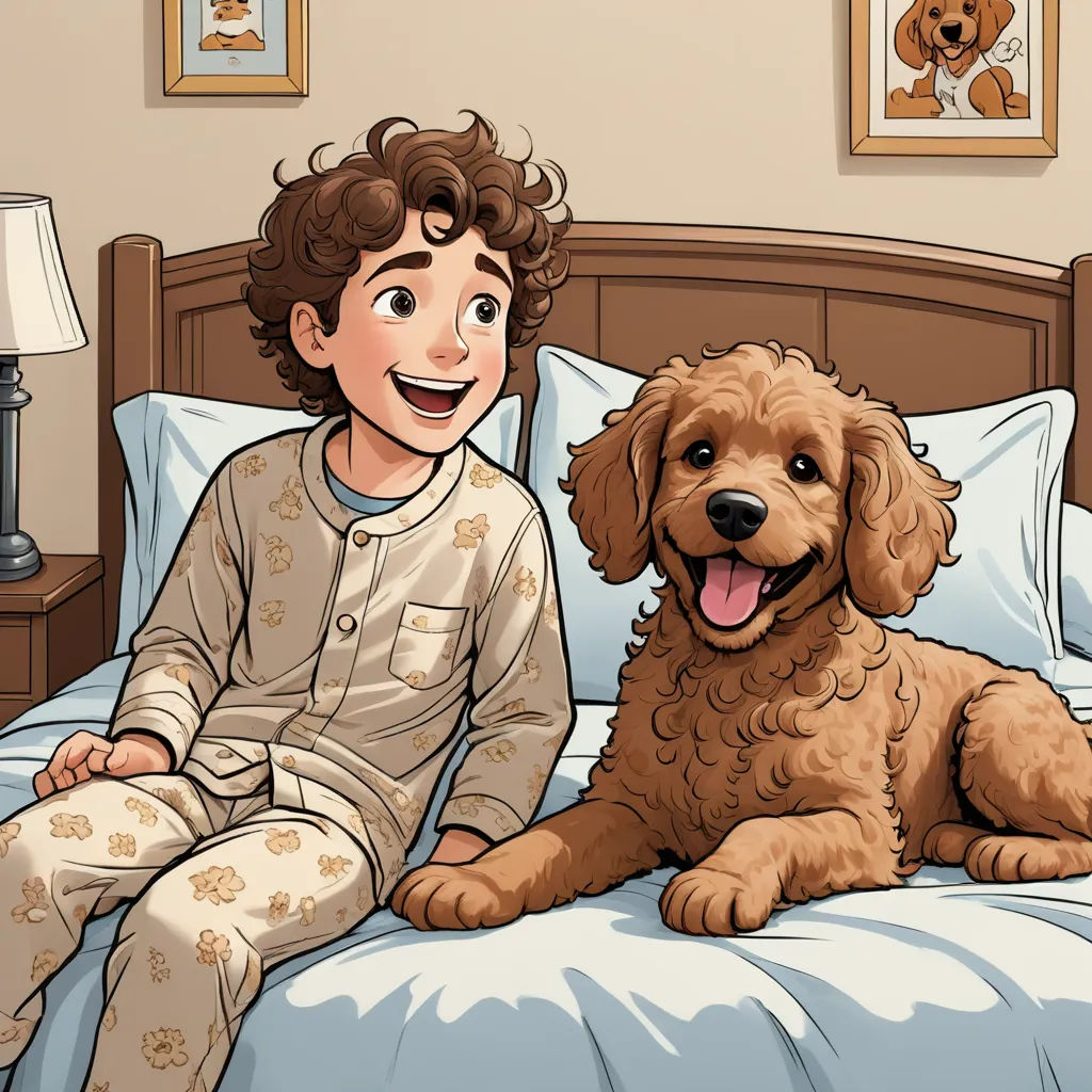 a boy and his dog are sitting on a bed together, smiling and looking at the camera, with a dog sitting on the bed behind him, furry art, a storybook illustration, Diego Gisbert Llorens, storybook illustration