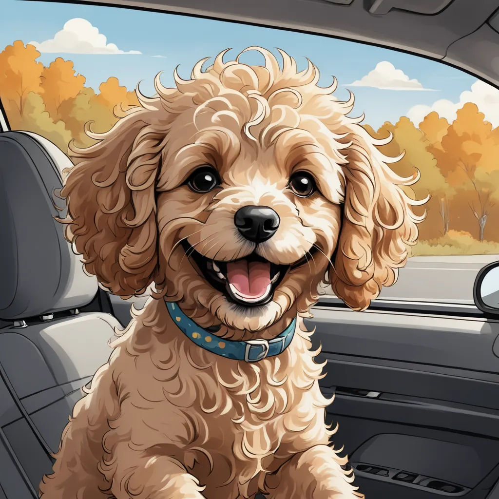 a dog sitting in the back seat of a car with a happy look on its face and a blue collar, furry art, a storybook illustration, Chris LaBrooy, highly detailed digital painting