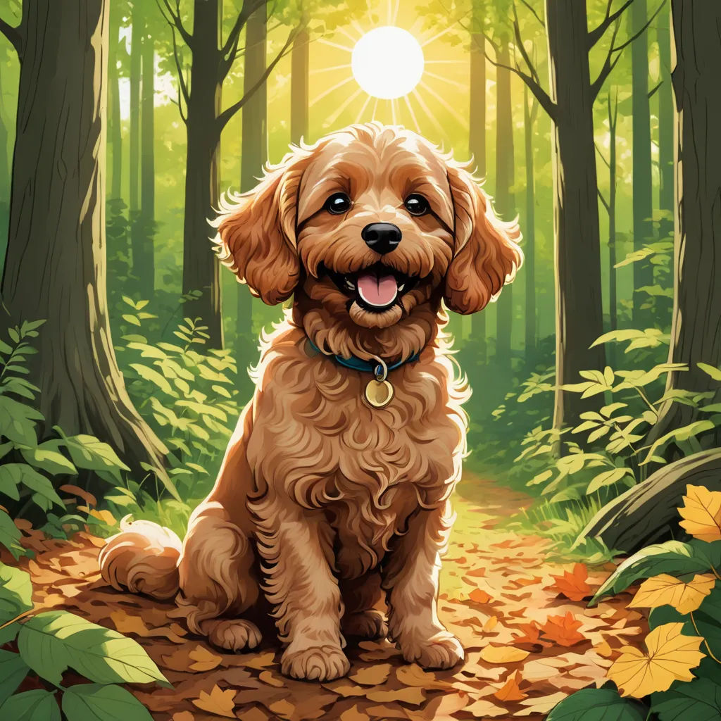 a dog sitting in the middle of a forest with leaves on the ground and a sun shining through the trees, furry art, a storybook illustration, Dan Mumford, professional digital painting