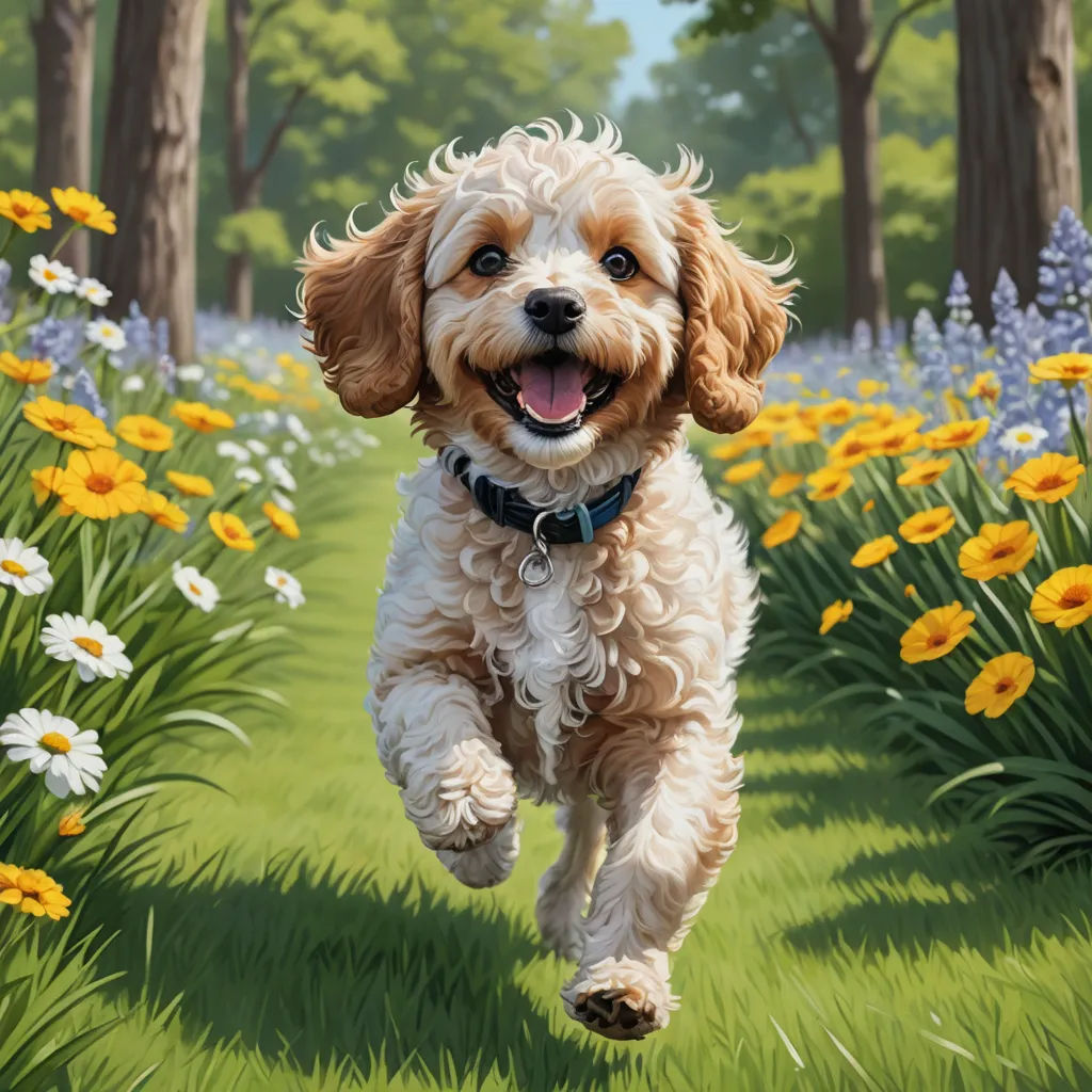 a painting of a dog running through a field of flowers and trees with a blue sky in the background, american scene painting, a digital painting, Chris LaBrooy, professional digital painting