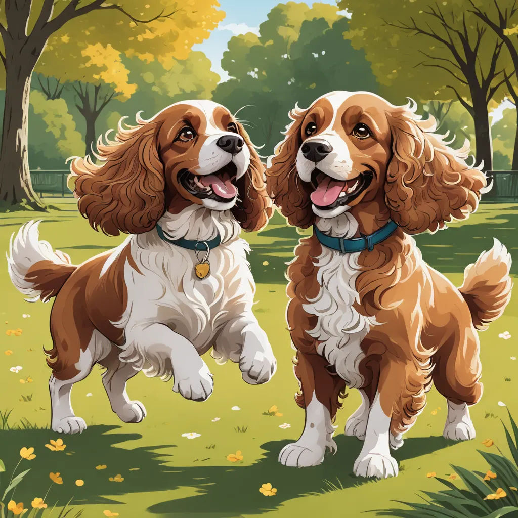 two dogs are standing in the grass near trees and flowers, one is brown and white and the other is white, serial art, a storybook illustration, Dan Mumford, detailed illustration