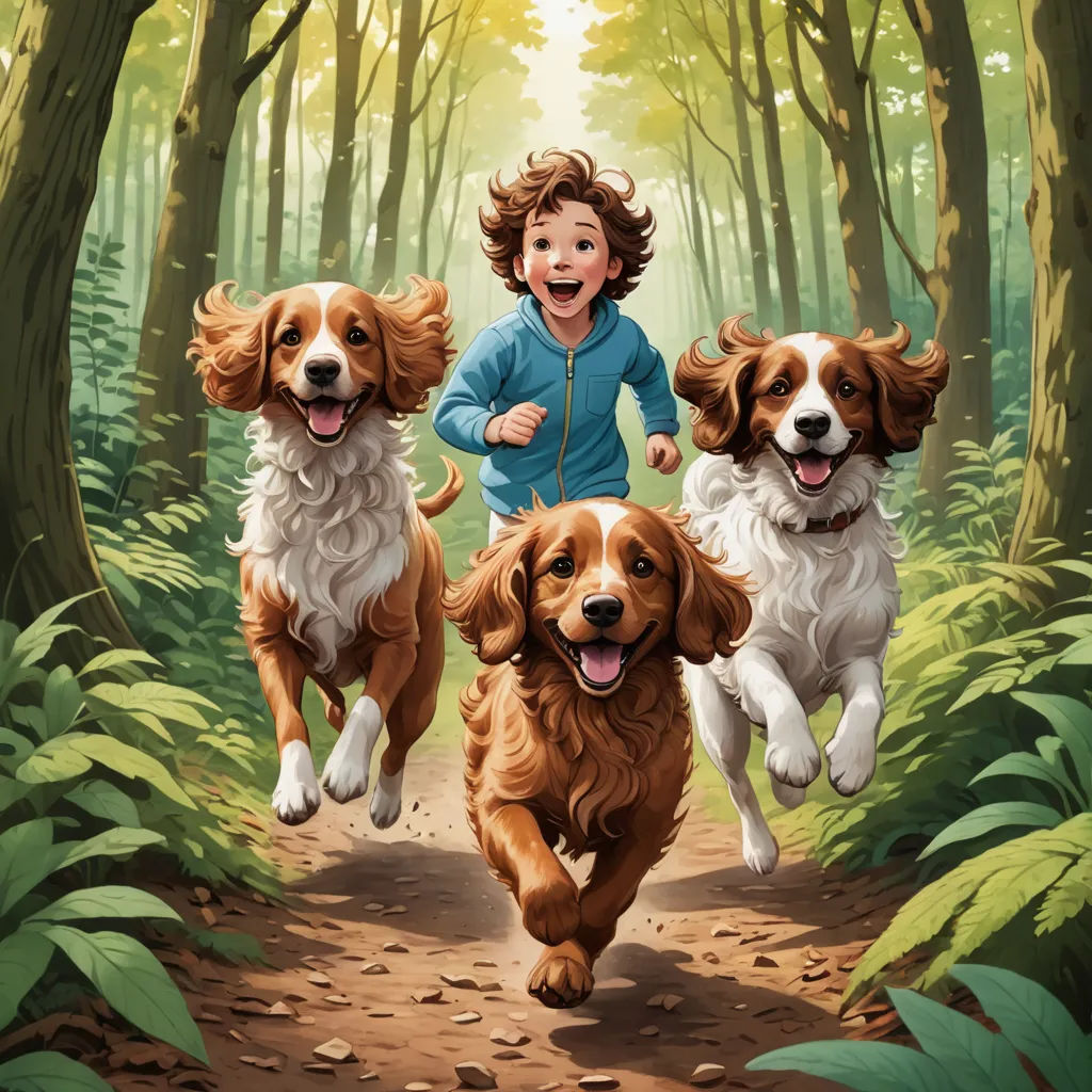 a painting of a boy running with three dogs in the woods, with a forest background and a forest path, furry art, a storybook illustration, Brothers Hildebrandt, highly detailed digital painting