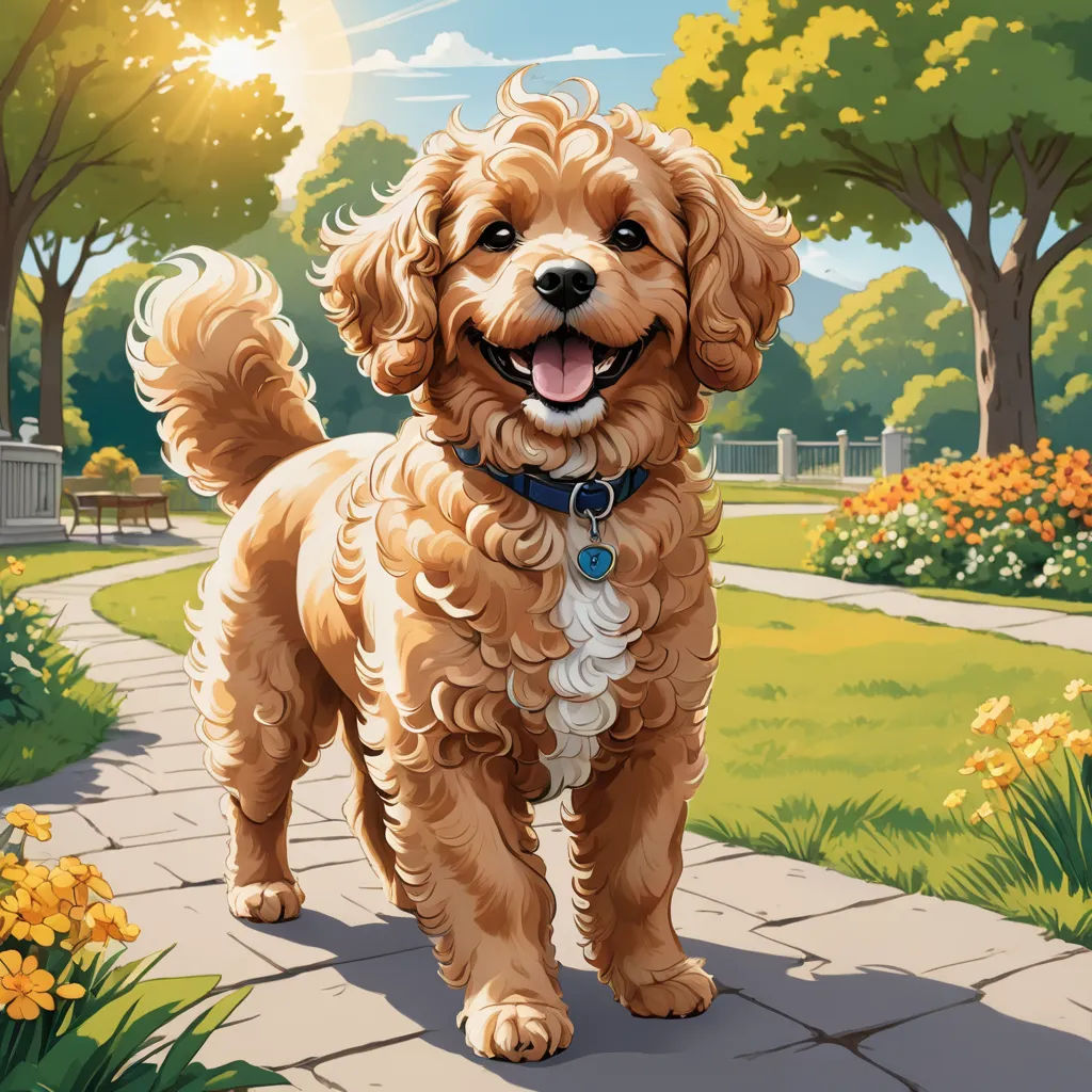 a dog that is standing on a sidewalk in the grass and flowers in the grass and trees in the background, american scene painting, a storybook illustration, Chris LaBrooy, professional digital painting