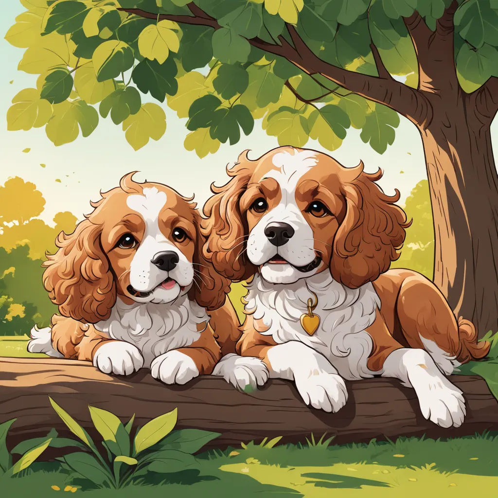 two dogs sitting on a log in the forest near a tree and a bench with a dog tag on it, furry art, a storybook illustration, Chris Rallis, trending on art station