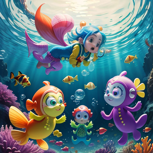 a group of cartoon fish swimming in the ocean with a girl and boy in the middle of the water
