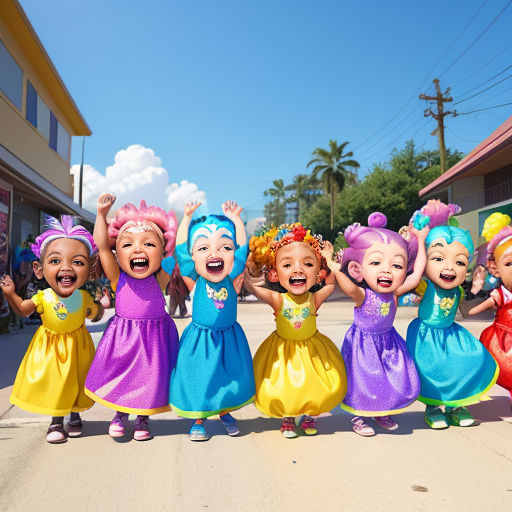 a group of children in colorful dresses standing in a street with their hands up in the air and smiling
