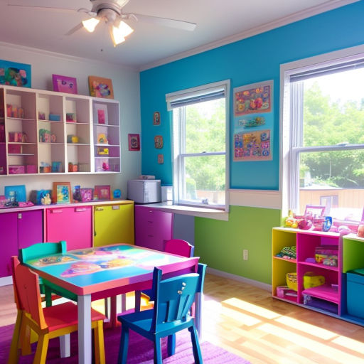 a brightly colored children's room with a table and chairs and a window with a view of the trees