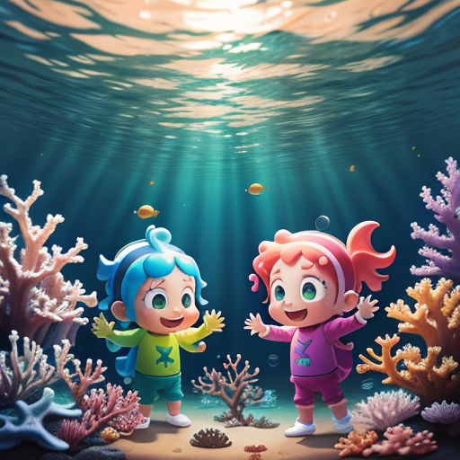 two children are standing in the underwater with corals and corals around them, looking at the corals