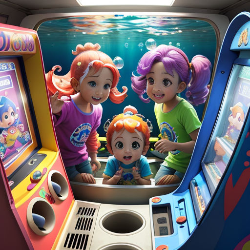 a group of children playing a video game in a room with a fish tank and a video game machine