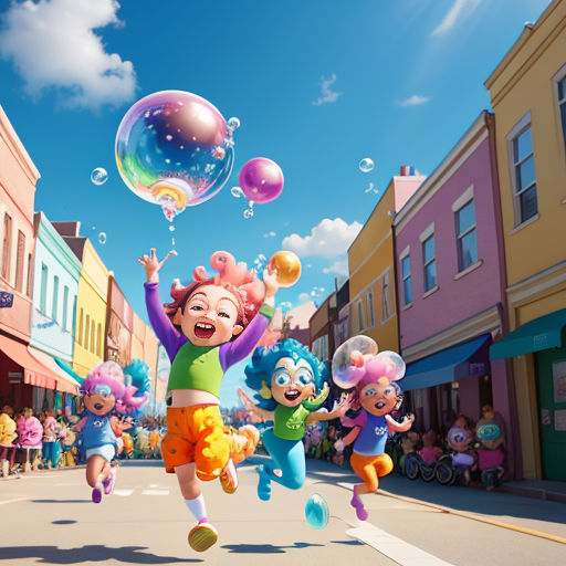 a group of children are playing with bubbles in the street of a town with buildings and a blue sky
