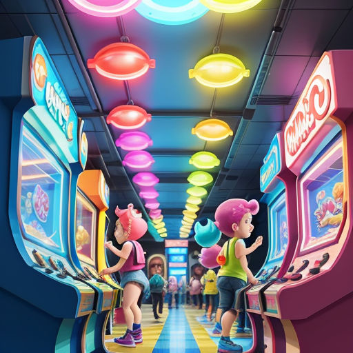a cartoon of a hallway with people playing games on the machines and a neon ceiling with lights above them