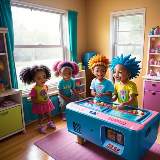 a group of children playing with a toy kitchen table in a room with a pink rug and blue curtains