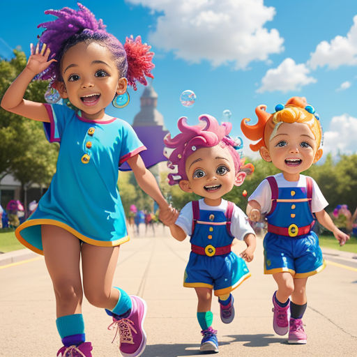 three children are walking down a sidewalk together in the same outfit and shoes, and the girl is wearing a blue dress with a pink hair