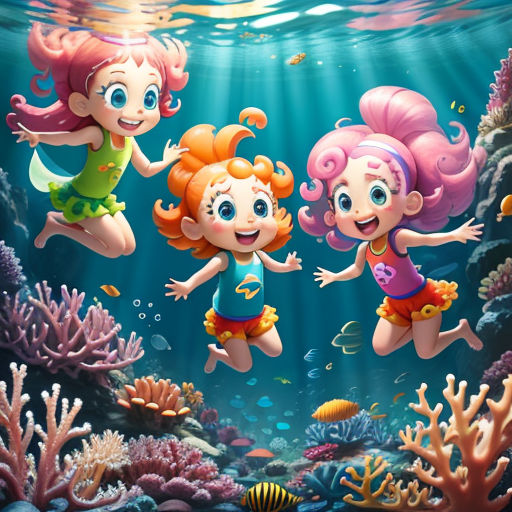 three girls swimming under the ocean with corals and fish illustration for children's book illustration for children's book