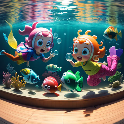 a group of cartoon fish swimming in a tank with a wooden floor and a wooden floor underneath it, with a person standing on the bottom of the tank