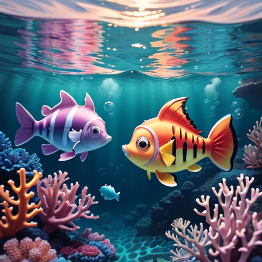 a painting of two fish swimming in the ocean with corals and sponges on the bottom of the water