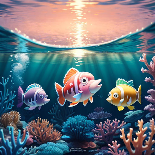 a painting of a group of fish swimming in the ocean with corals and algaes under water with a sun setting behind it
