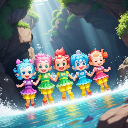 a group of cartoon children standing in the water near a cave with a waterfall and a waterfall in the background
