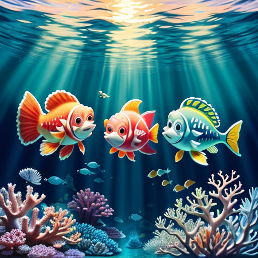 a painting of three fish swimming in the ocean with corals and seaweeds on the bottom of the water