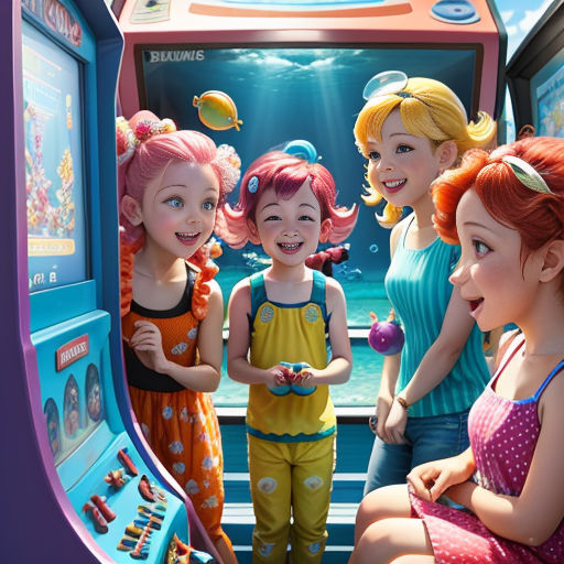 a group of girls standing next to each other in front of a machine with a fish on it and a man in a blue shirt