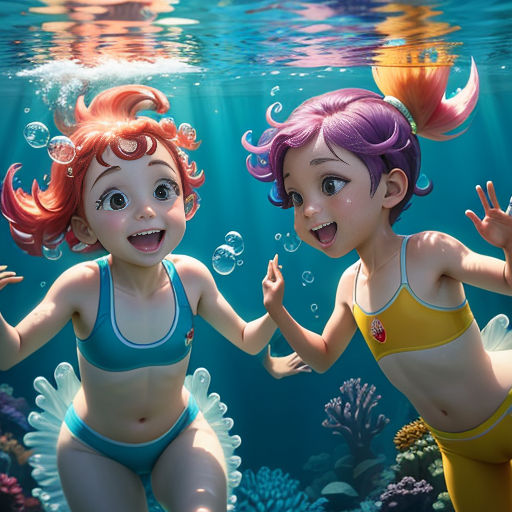 two girls in swimsuits are under water with bubbles and bubbles floating around them, and one girl is smiling