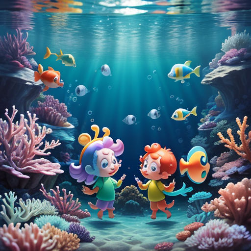 a painting of two children playing under the water with fish and corals in the background illustration of a child and an adult