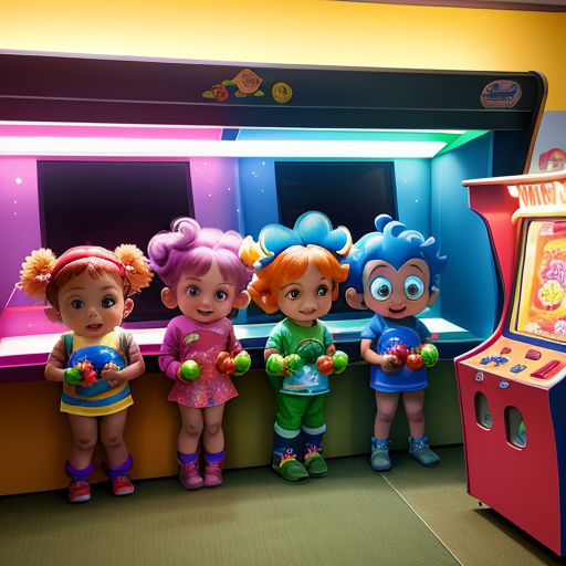a group of children standing next to a play room with a video game machine in it's center