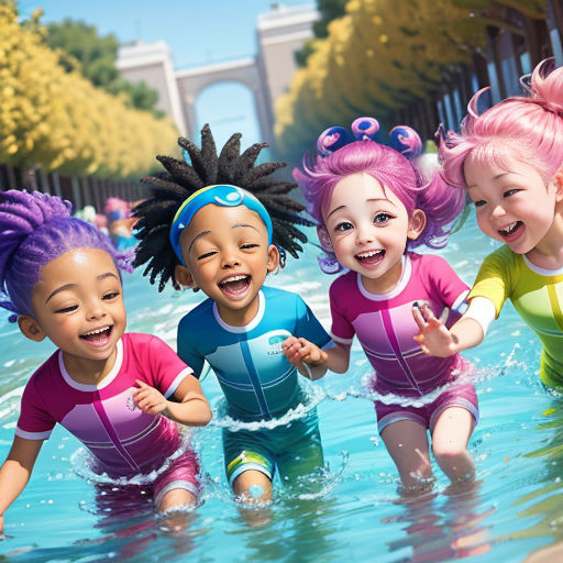 a group of children in a pool with a bridge in the background and trees in the background, all smiling
