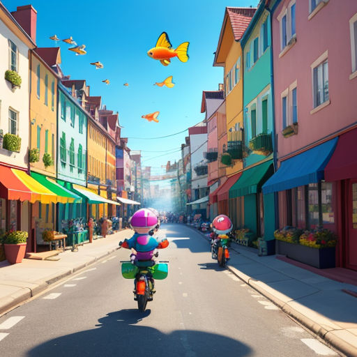 a person riding a motorcycle down a street with a fish balloon in the sky above them and a fish balloon in the air