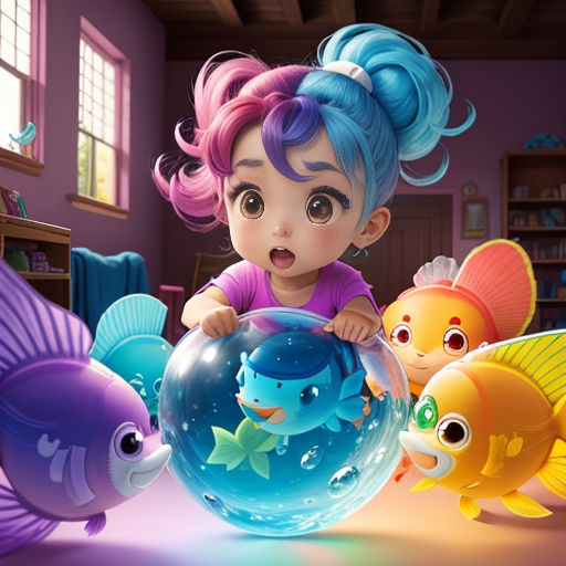 a little girl is playing with some fish in a room with a window and a book shelf on the wall
