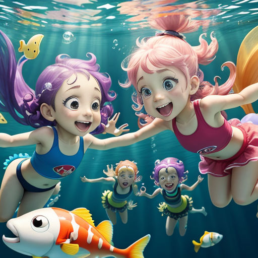 a group of children swimming in the ocean with fish and bubbles around them, with a girl in a pink swimsuit