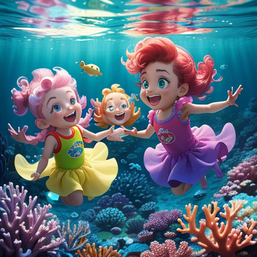 a cartoon girl and boy are playing in the ocean with a fish and corals under water, with a fish and corals in the background