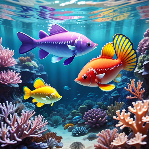 a painting of two fish swimming in the ocean with corals and sponges on the bottom of the water