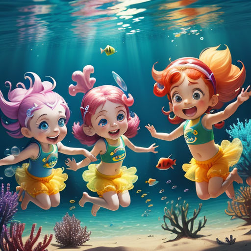 three little girls are swimming in the ocean together, with a fish and corals in the background, and a fish in the water
