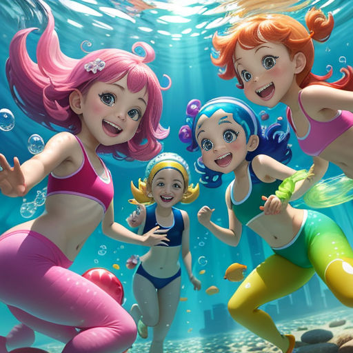 a group of girls in swim suits swimming under water with bubbles and bubbles around them, all smiling and laughing