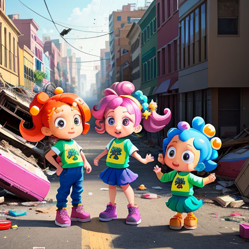 a group of children standing on a street next to a pile of junk and a building with a broken roof