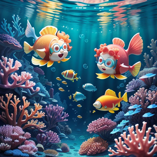 a painting of a group of fish swimming in the ocean with corals and sponges on the bottom