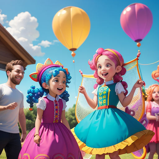 a group of people standing around a little girl in a dress and balloons in the air with a man in the background