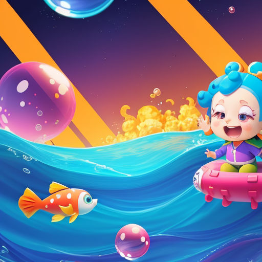 a cartoon girl riding a raft in the ocean with bubbles and bubbles around her, and a fish swimming in the water