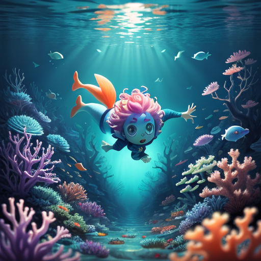 a painting of a girl diving in a coral reef with fish and corals around her, with a bright blue background