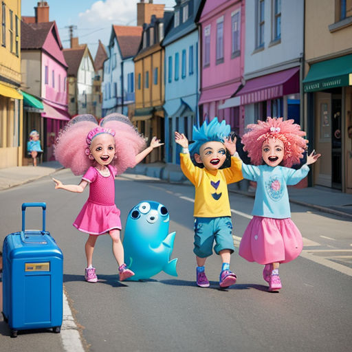 three children are standing in the middle of a street with their arms in the air and their arms out