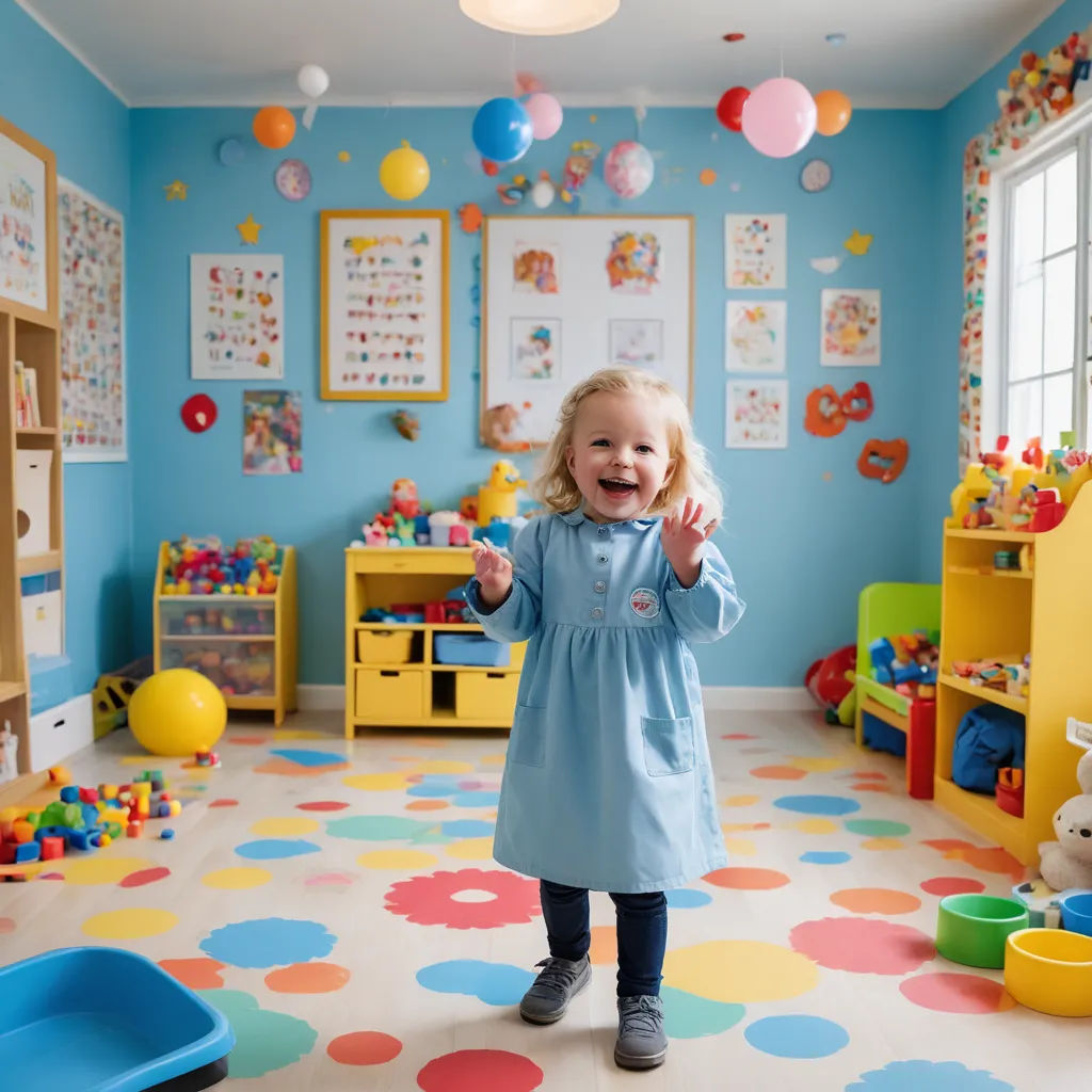 a little girl standing in a room with toys on the floor and a blue wall with a bunch of pictures on it, danube school, a stock photo, Amalia Lindegren, promotional image