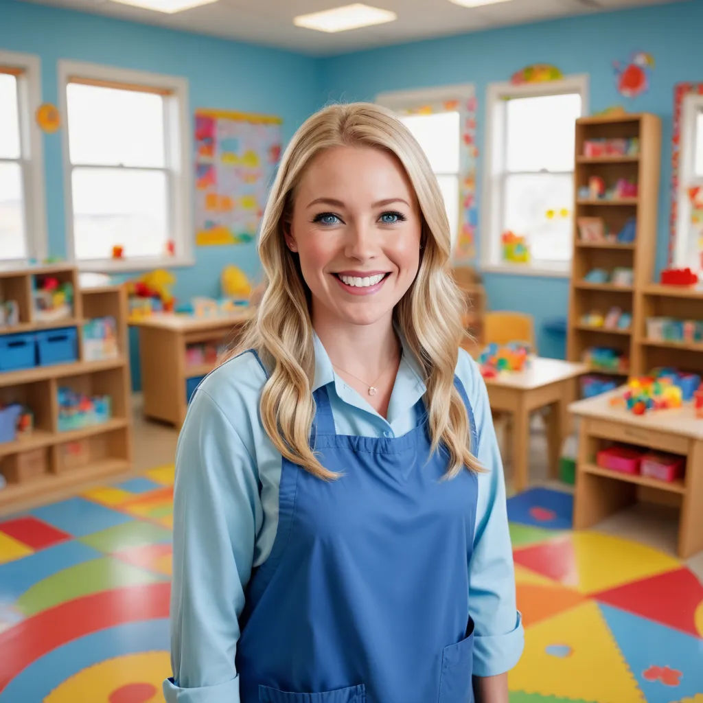 a woman in a blue apron standing in a room with toys on the shelves and a colorful floor with a colorful rug, vancouver school, a stock photo, Amy Weber, promotional image