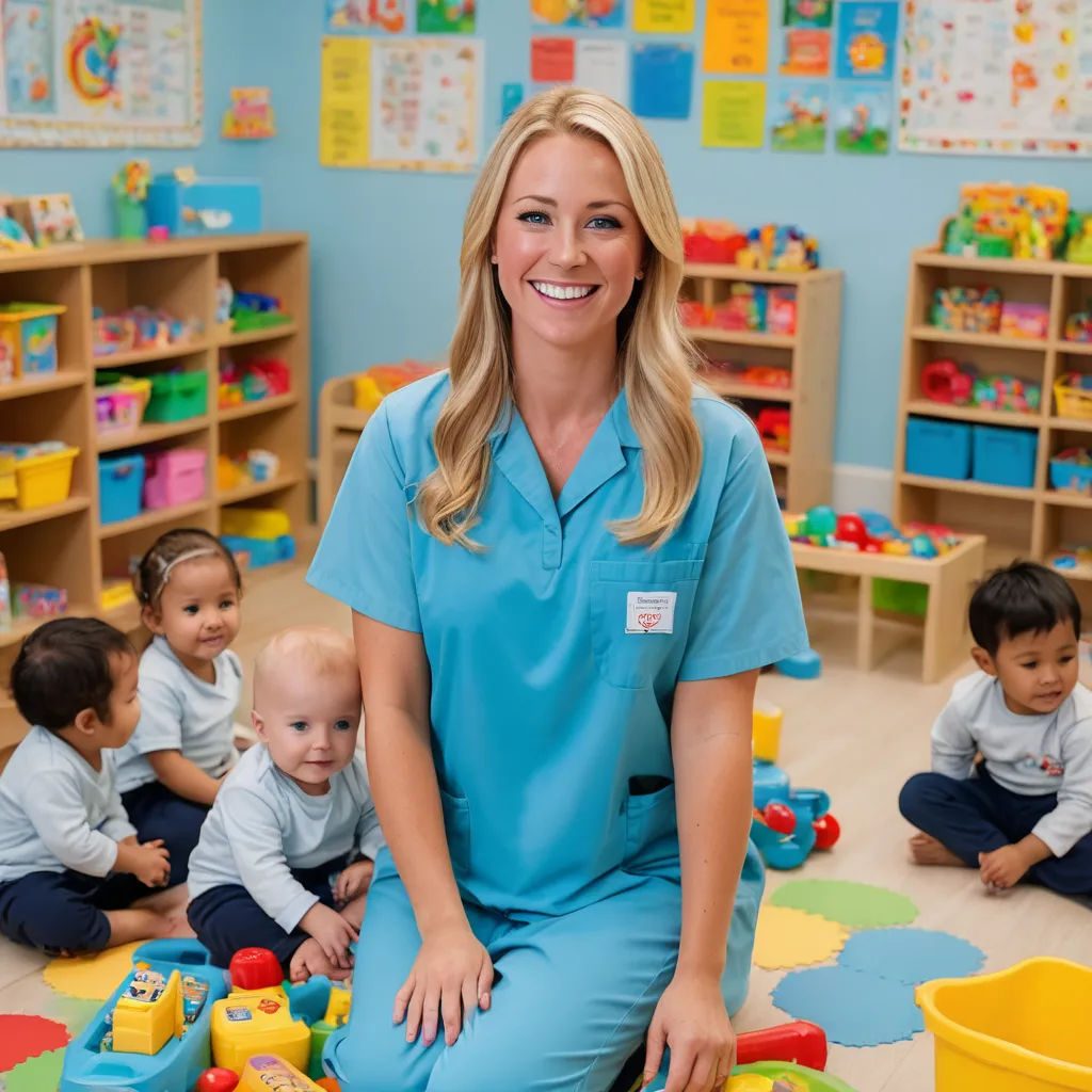 a woman in a blue scrub suit sitting on the floor with children in a room with toys and books, american barbizon school, a stock photo, Evelyn Abelson, promotional image